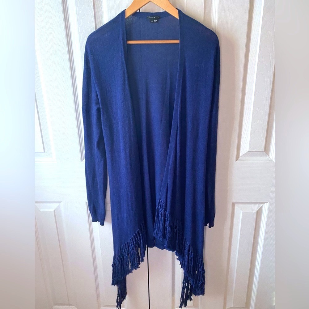 theory Navy Vesta Cashmere Blend Fringe Sharkbite Hem Open Cardigan‎ SZ S